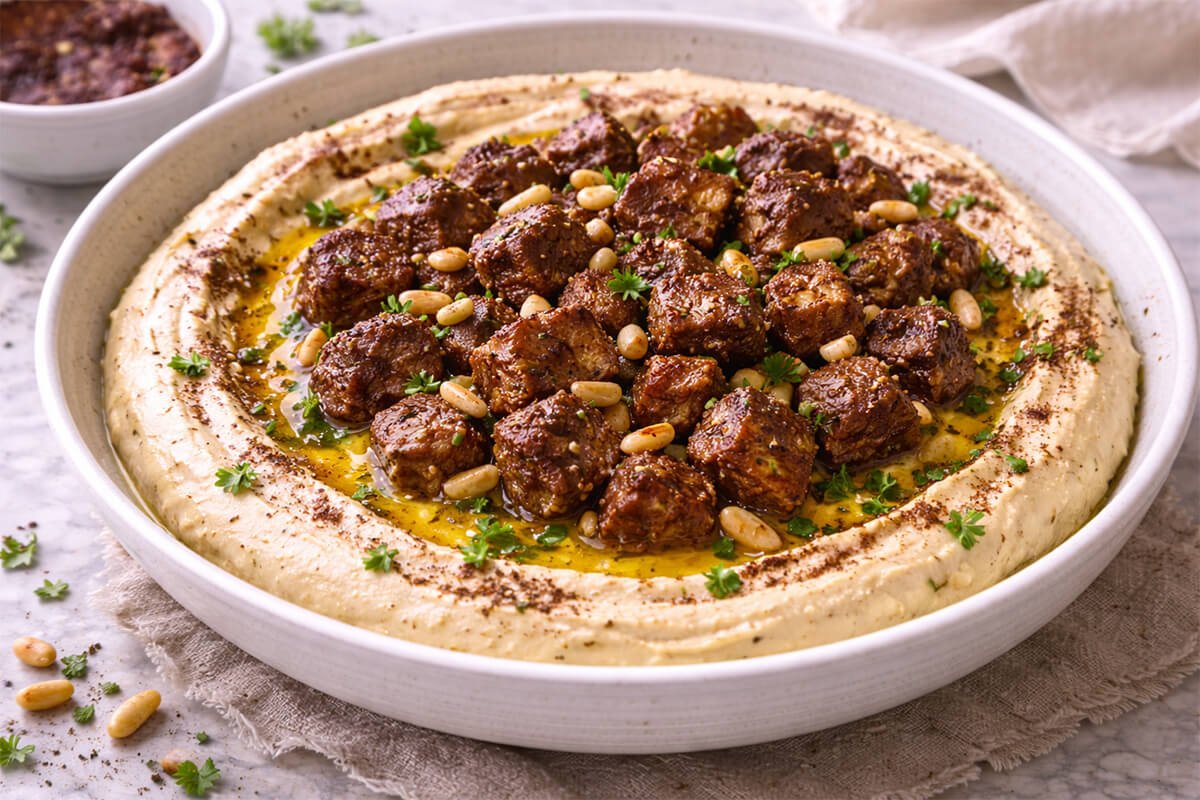 Creamy Palestinian Hummus with Spiced Meat Cubes & Pine Seeds