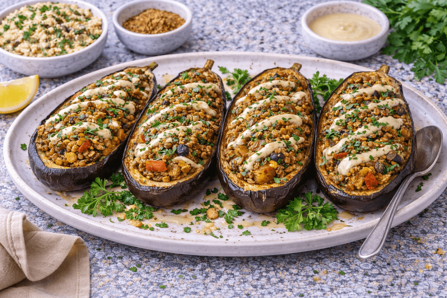 7 Spice Lentil Stuffed Eggplant