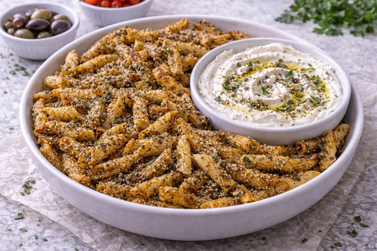 Zaatar Pasta Chips with Whipped Feta Dip