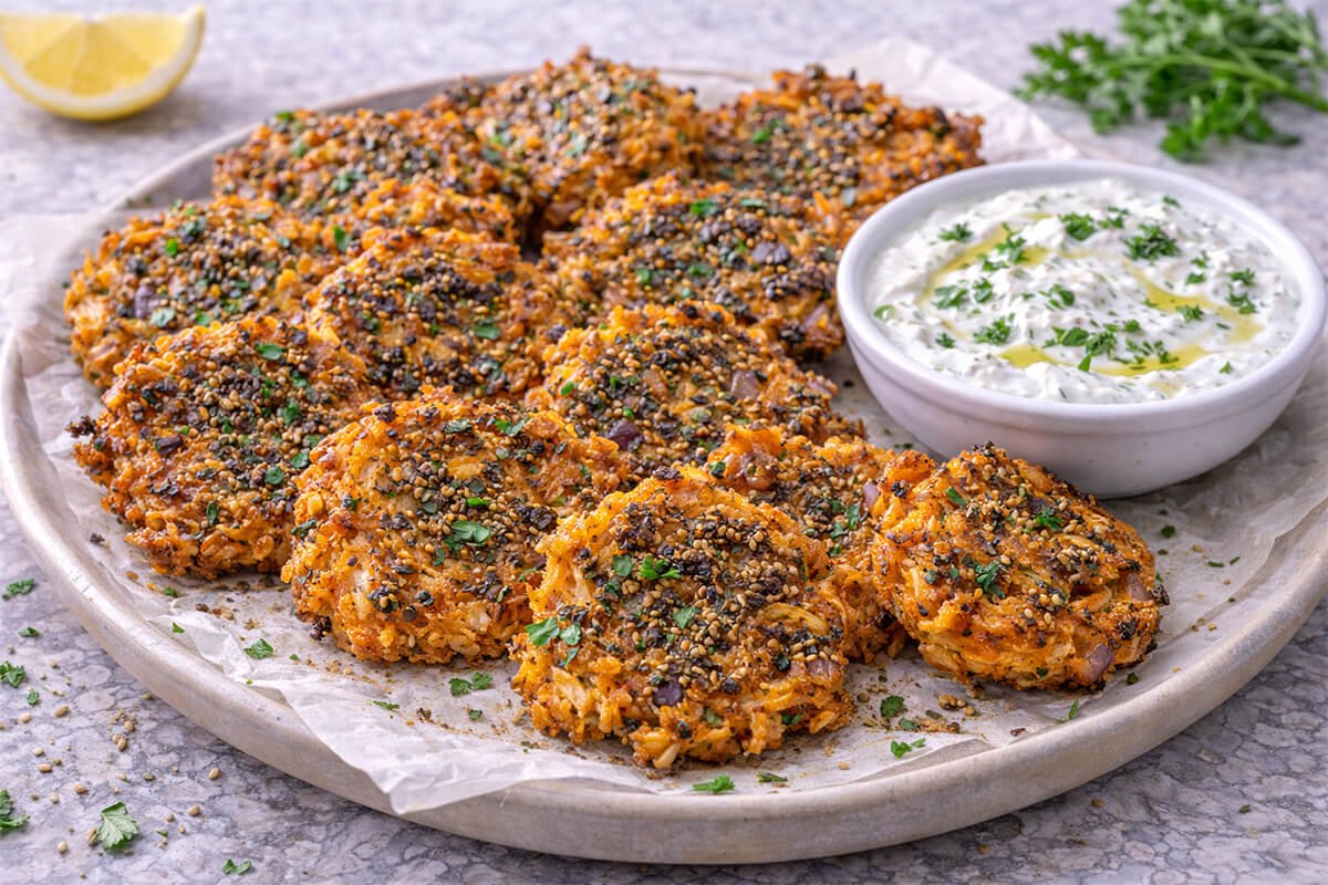 Za’atar Sweet Potato Fritters with Herbed Yogurt Dip